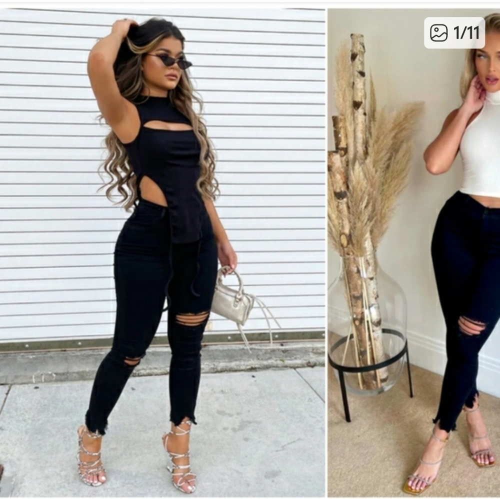 Women Fashion Nova Black Distressed Straight Leg Jeans Size 9